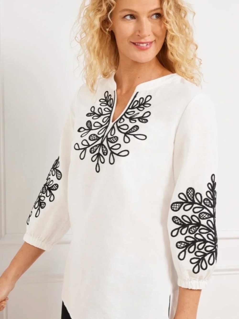 Talbots Embroidered Linen Blend Tunic Top - Ivory/Black size 2x